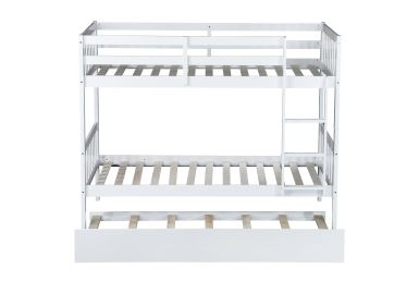 Twin Over Twin Rubber Wood Bunk Bed with Trundle, Convertible into Twin Size Beds, Twin Size Bunk Bed with Ladder and Safety Guardrails, White