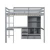Full Size Loft Wood Bed with Desk, Storage shelves and Drawers, Built-in Ladder, High Loft Bed with Desk, Storage Shelves and Drawers,Guardrails,Grey